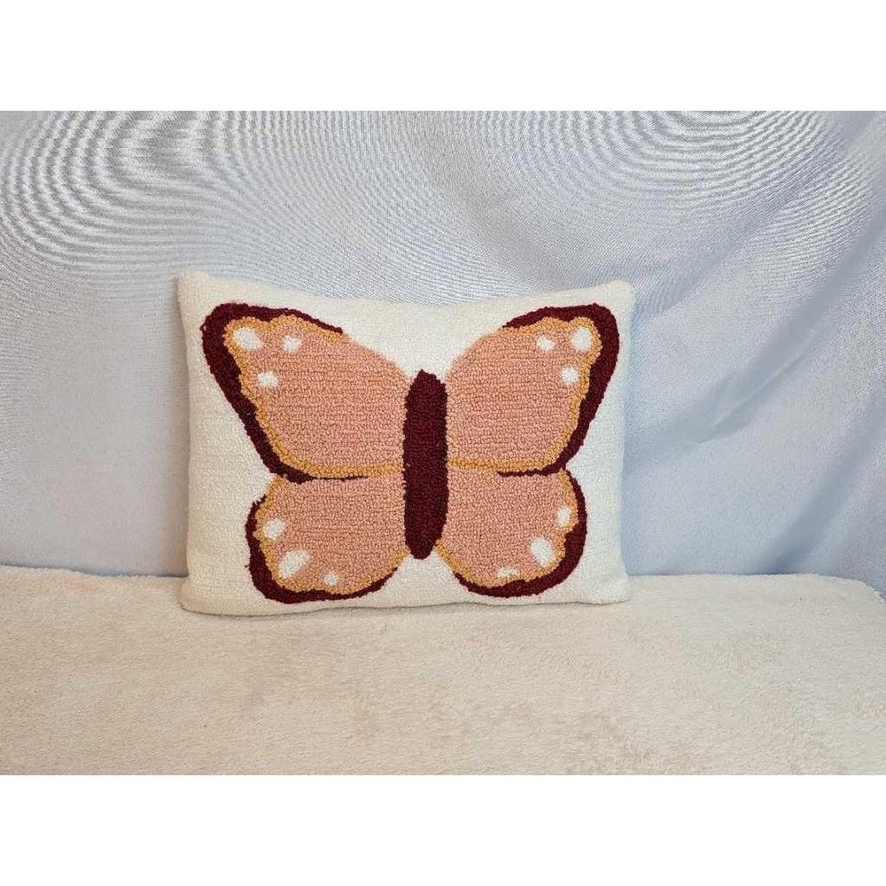 Butterfly Throw Pillow Textured Punch Needle Accent Pillow White Pink Burgundy